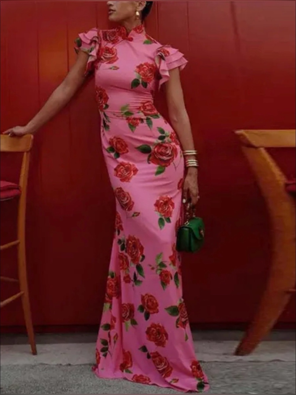 Floral Pink Maxi Dress with Red Rose Print
